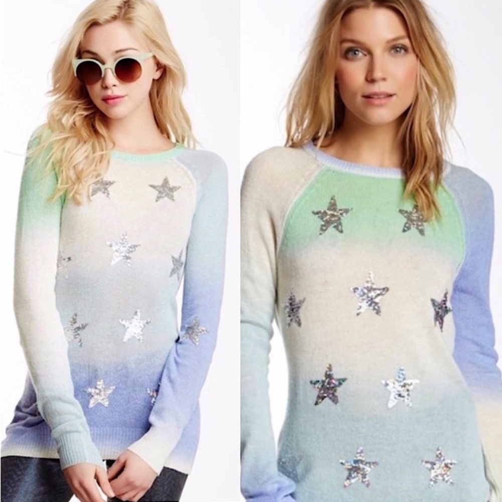 Wildfox Pastel Ombrè Knit Iridescent Sequin Star Crewneck Sweater